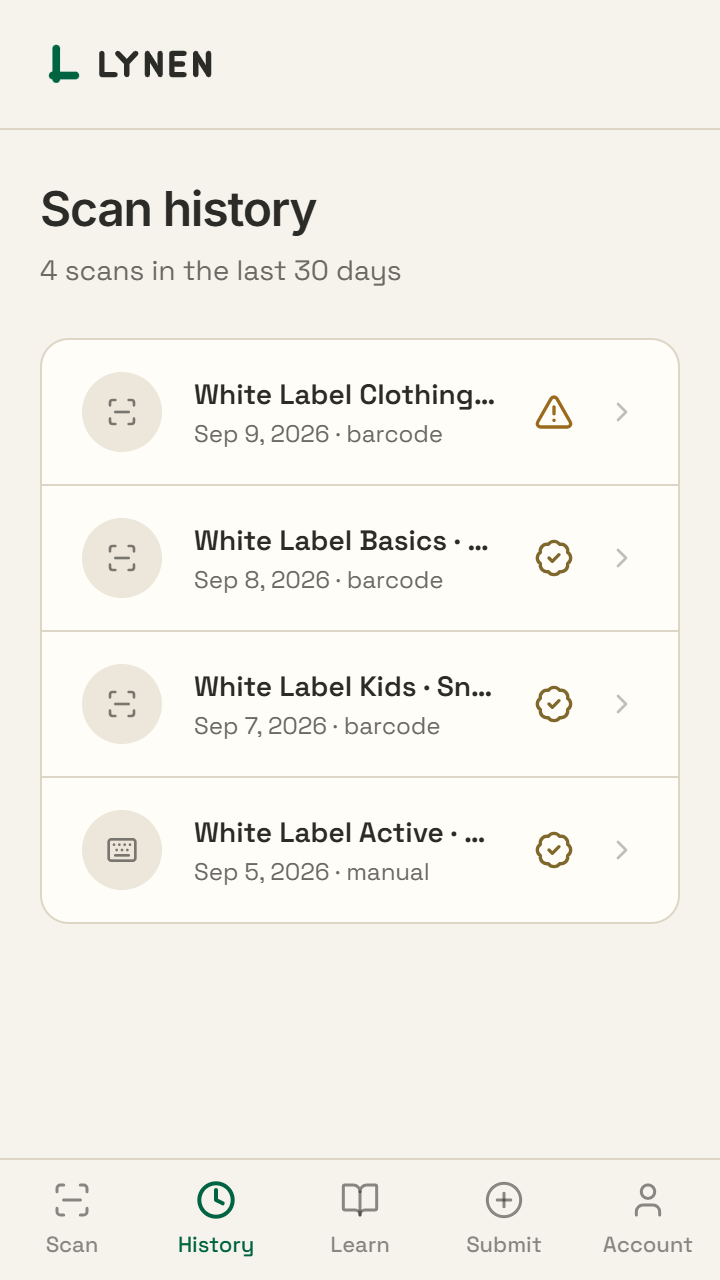 Scan history listing previously scanned garments by date