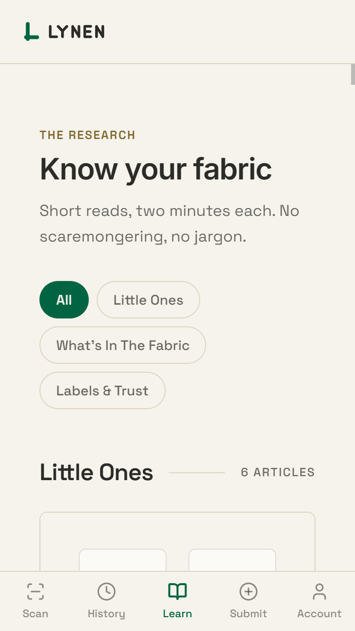 Short research articles about fabric and skin inside the Lynen app