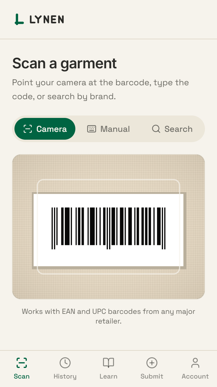 The Lynen scan screen with Camera and Manual options